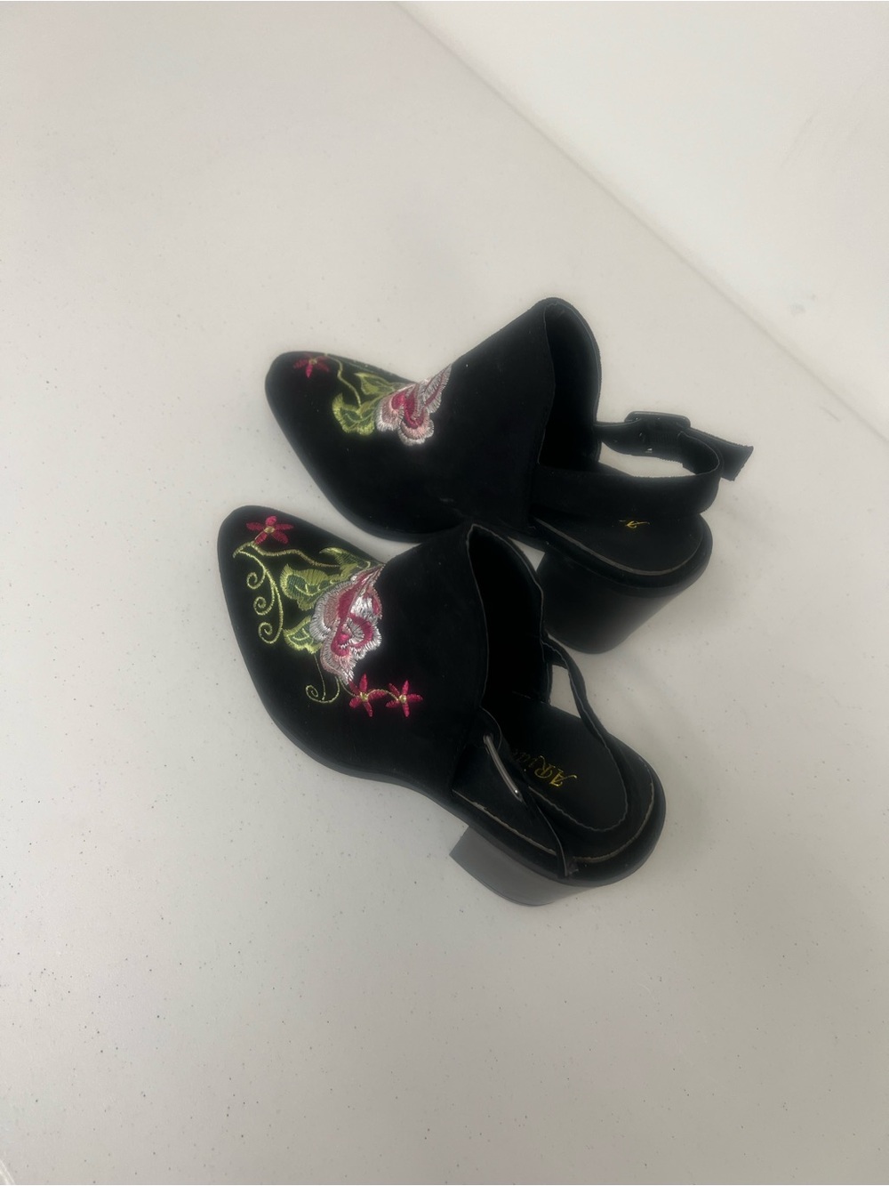 Black Embroidered Slingback Block Heel Mules - Women's